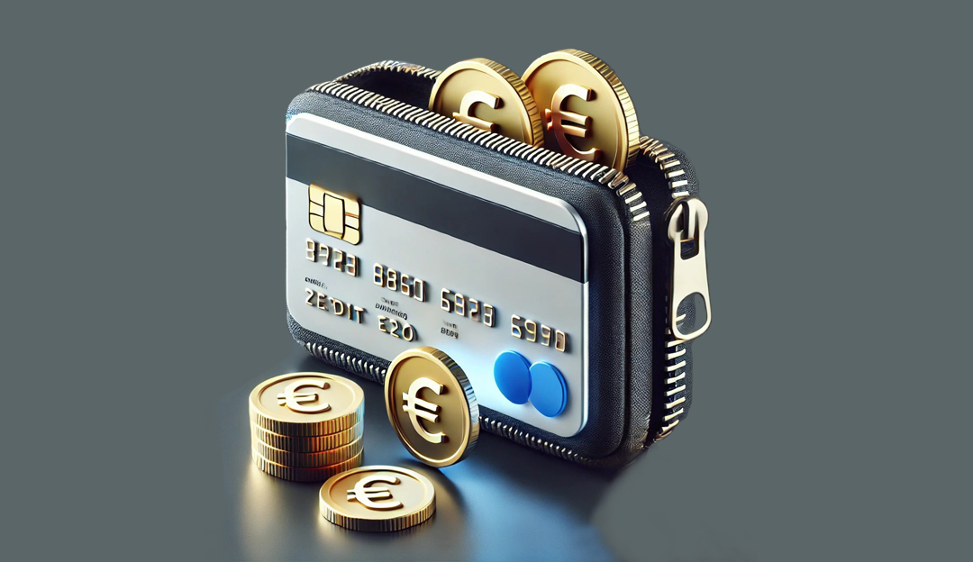 Symbolische Darstellung einer digitalen Kundenkarte als kleine Geldbörse mit Kreditkartenoptik, aus der goldene Euro-Münzen herausragen – steht für Kundenkarten, mit denen Rabatte gesammelt und Guthaben aufgebaut werden können.