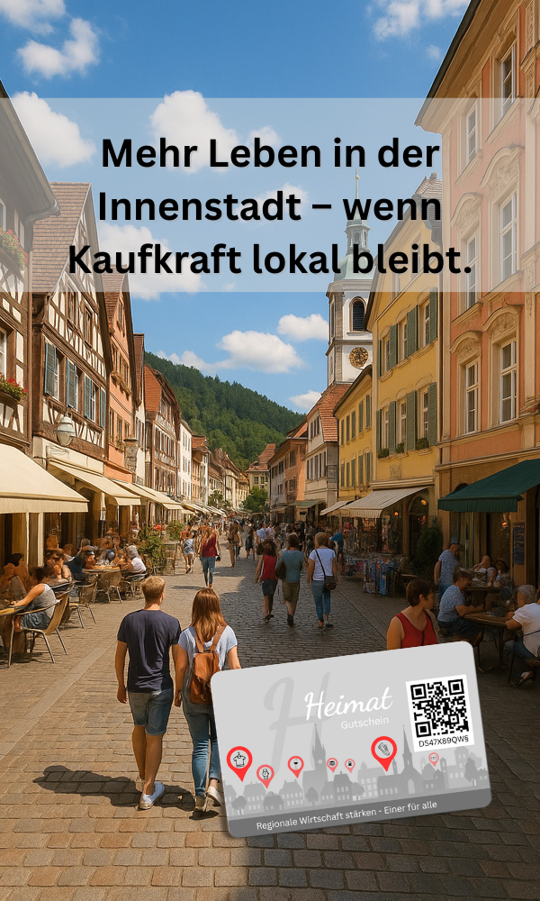 Menschen flanieren durch eine belebte Innenstadt mit Cafés und Fachgeschäften; im Vordergrund liegt eine „Heimat Gutschein“-Karte. Das Bild zeigt den Einsatz eines Stadtgutscheinsystems zur Stärkung der lokalen Wirtschaft.
