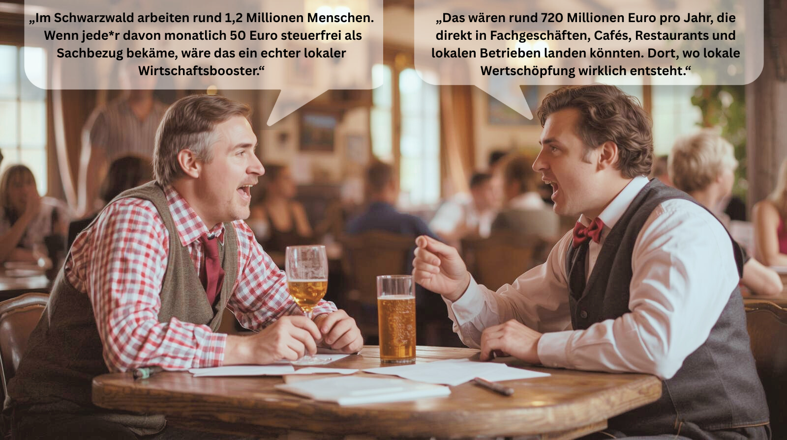 Zwei Männer im Schwarzwald-Gasthaus sitzen am Holztisch, trinken Bier und diskutieren über regionale Kaufkraftbindung und den 50-Euro-Sachbezug. In Sprechblasen stehen Aussagen über 1,2 Mio. Arbeitnehmer im Schwarzwald und 720 Mio. Euro lokale Wirtschaftskraft.