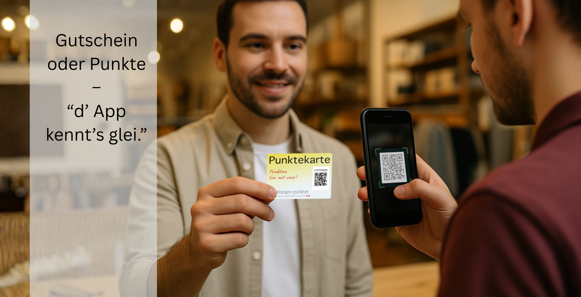 Ein Kunde hält eine Punktekarte im Scheckkartenformat hin, während der Händler mit seinem Smartphone den QR-Code scannt. Links steht ein Textfeld mit dem Dialekt-Spruch „Gutschein oder Punkte – d’ App kennt’s glei.“