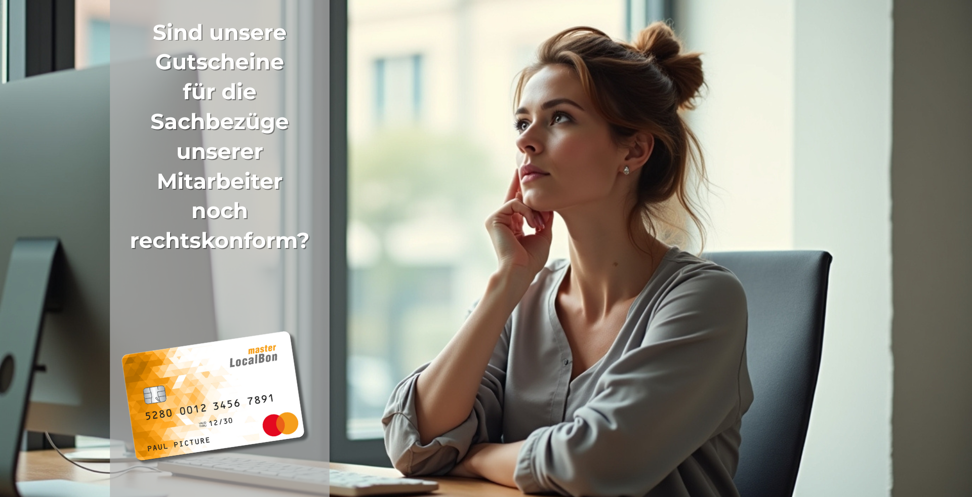 Nachdenkliche Frau sitzt im Büro am Schreibtisch und blickt aus dem Fenster; links im Bild ein Textblock zur Rechtskonformität von Mitarbeitersachbezügen sowie eine abgebildete LocalBon-master Sachbezugskarte.