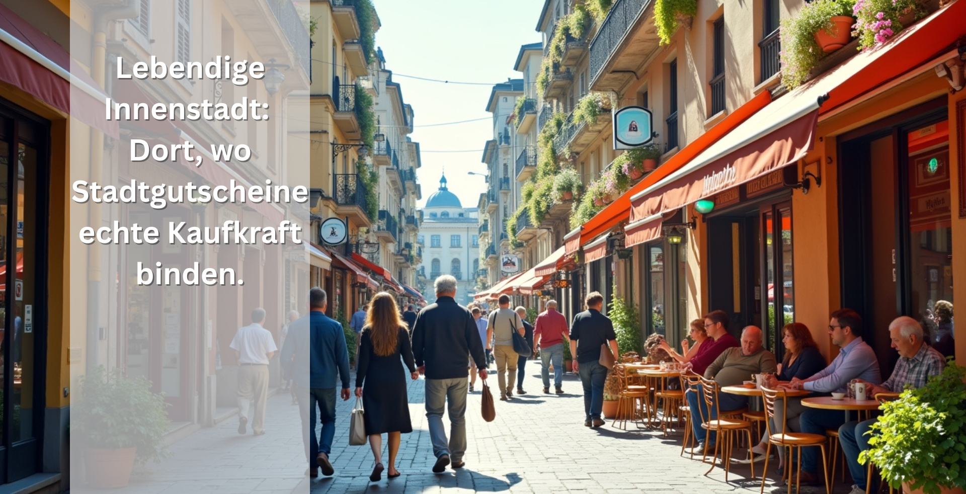 Belebte Einkaufsstraße mit Cafés, Geschäften und Passanten an einem sonnigen Tag – symbolisch für lokale Wirtschaftskraft und den Einsatz von Stadtgutscheinen.