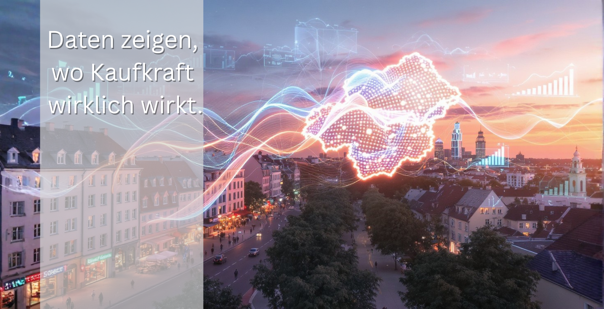 Moderne Innenstadt bei Sonnenuntergang mit digital visualisierten Datenströmen, Diagrammen und regionaler Kartenprojektion – symbolisiert messbare Kaufkraftbindung und sichtbare Wirtschaftseffekte.