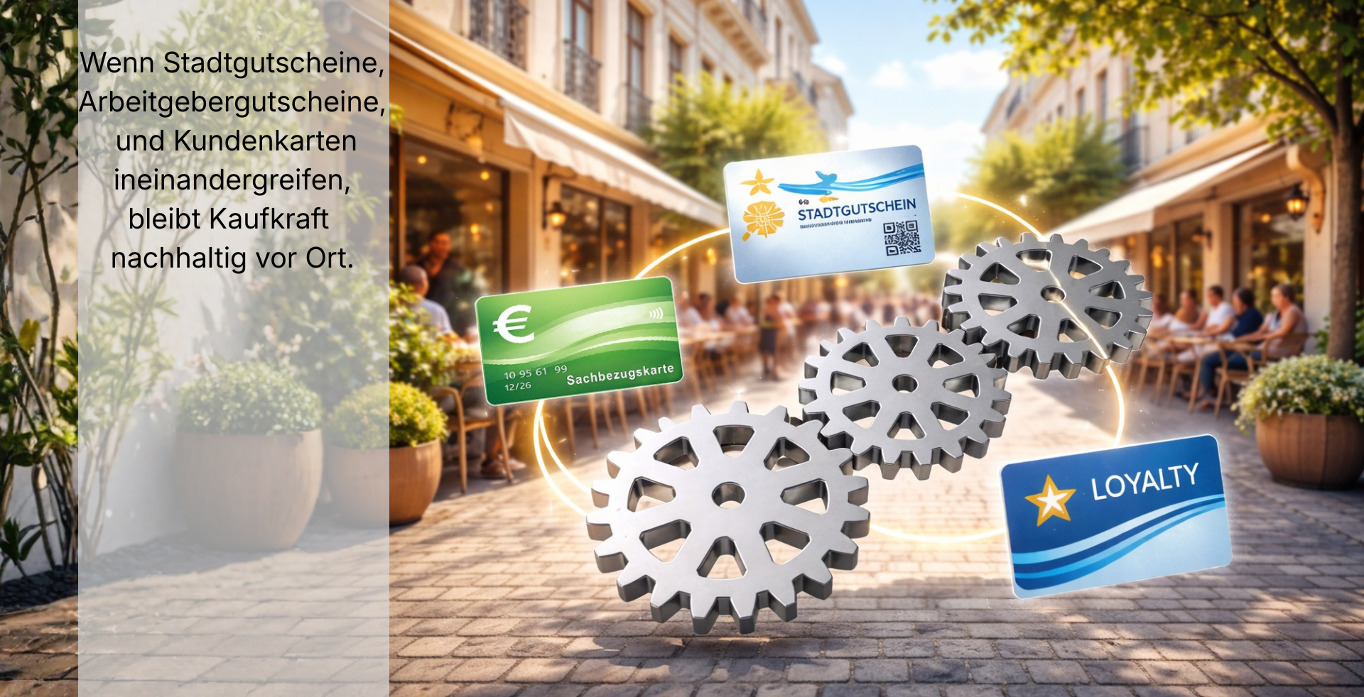 Belebte Innenstadt-Szene mit Cafés; im Vordergrund greifen mehrere silberne Zahnräder ineinander. Daran angebunden sind drei Karten – Stadtgutschein, grüne Sachbezugskarte und Loyalty-Karte –, die das Zusammenspiel von Stadtgutscheinen, Arbeitgeberkarten und Kundenbindung für regionale Kaufkraftbindung symbolisieren.