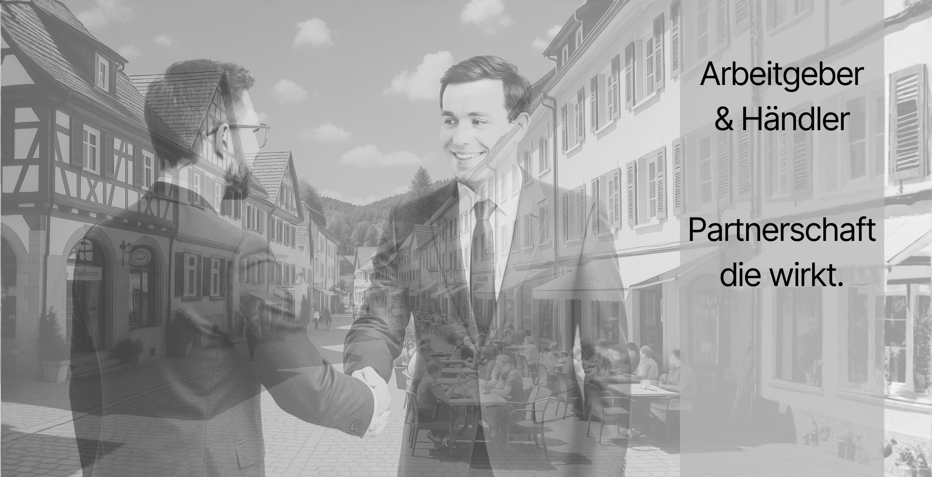Zwei Männer im Business-Look geben sich die Hand, transparent vor einer Innenstadt einer kleinen Schwarzwald-Stadt mit Fachwerkhäusern und Außengastronomie. Rechts im Bild steht der Text Arbeitgeber & Händler – Partnerschaft die wirkt.