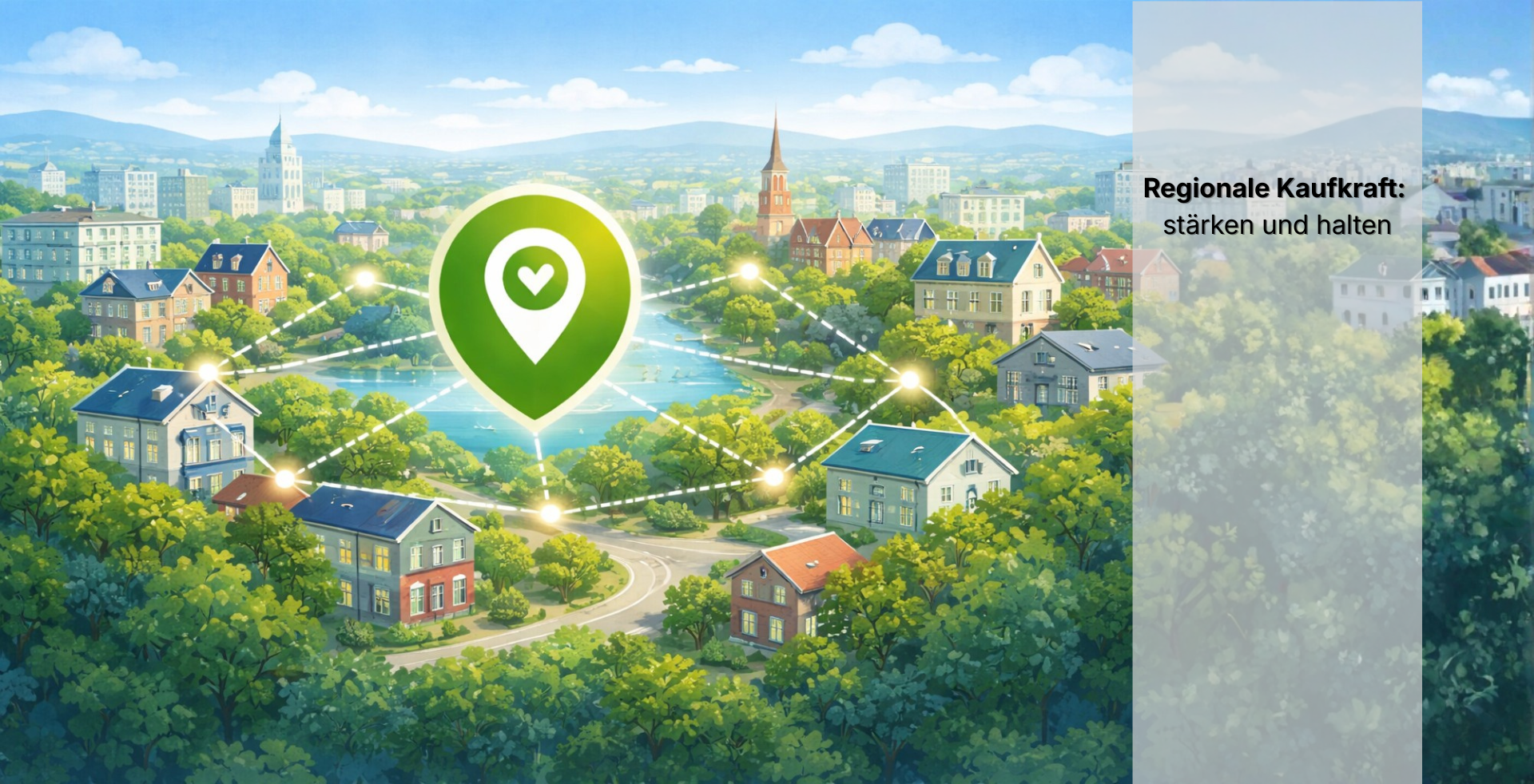 Illustration einer grünen Stadtlandschaft mit vernetzten Stadtquartieren und zentralem Standort-Symbol als Sinnbild für regionale Kaufkraftbindung.