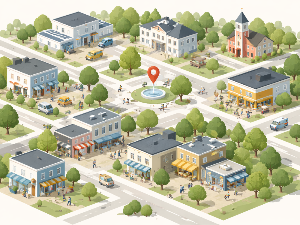 Isometrische Darstellung einer Stadt mit zentralem Platz und verschiedenen lokalen Betrieben, vernetzt in einer gemeinsamen regionalen Struktur.