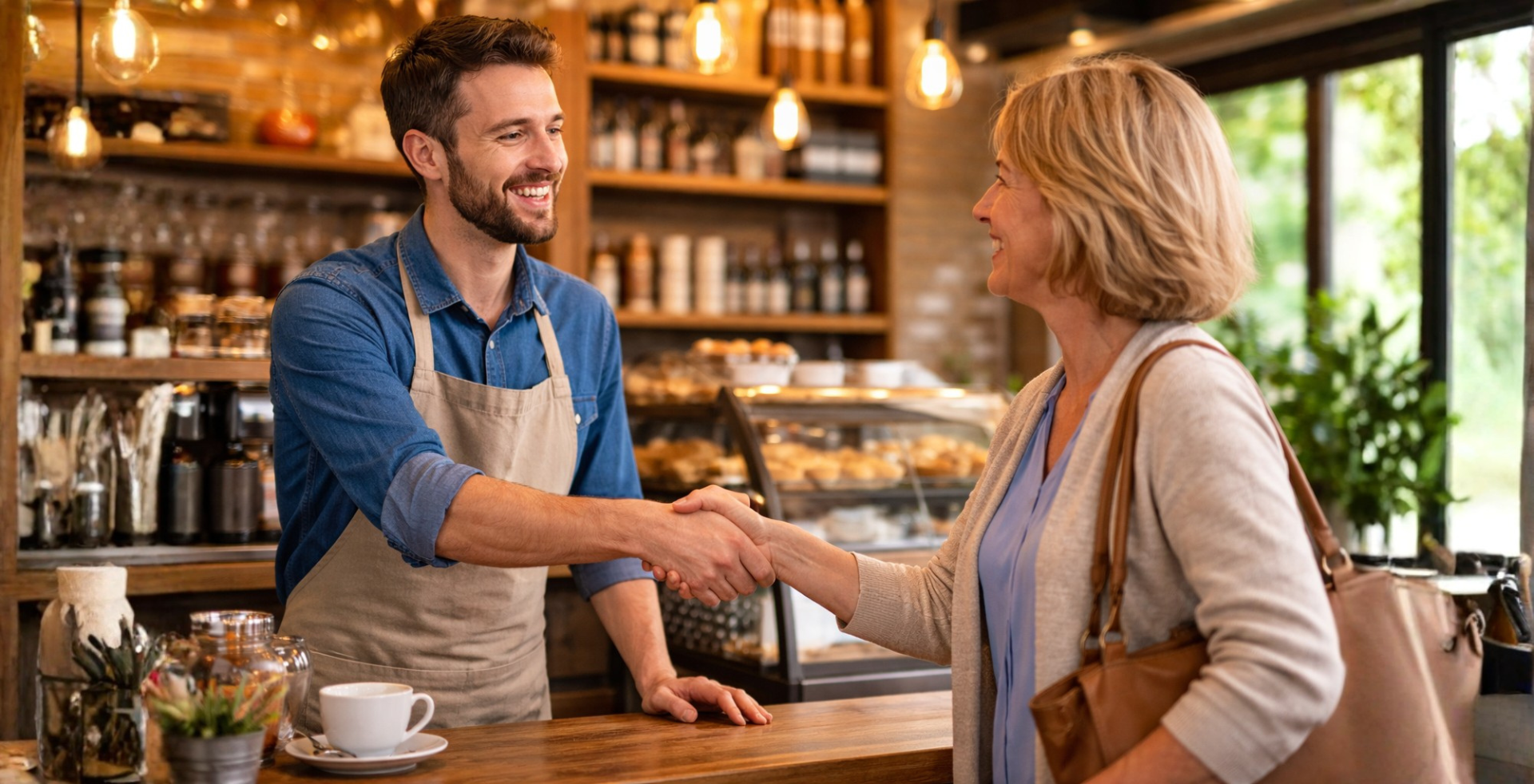 Cafébetreiber begrüßt eine Stammkundin mit Handschlag an der Theke eines Cafés – persönliche Begegnung als Beispiel für gelebte Kundenbindung.