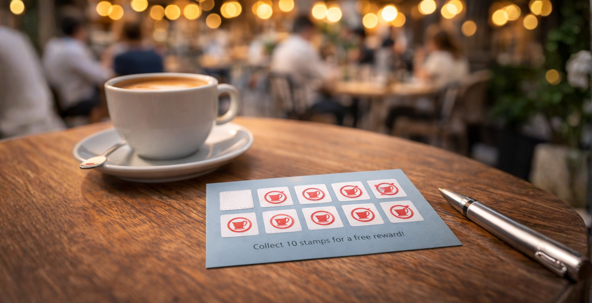 Fast vollständig ausgefüllte Treue-Stempelkarte liegt auf einem Cafétisch neben einer Kaffeetasse – Symbol für wiederholte Besuche und langfristige Kundenbindung.