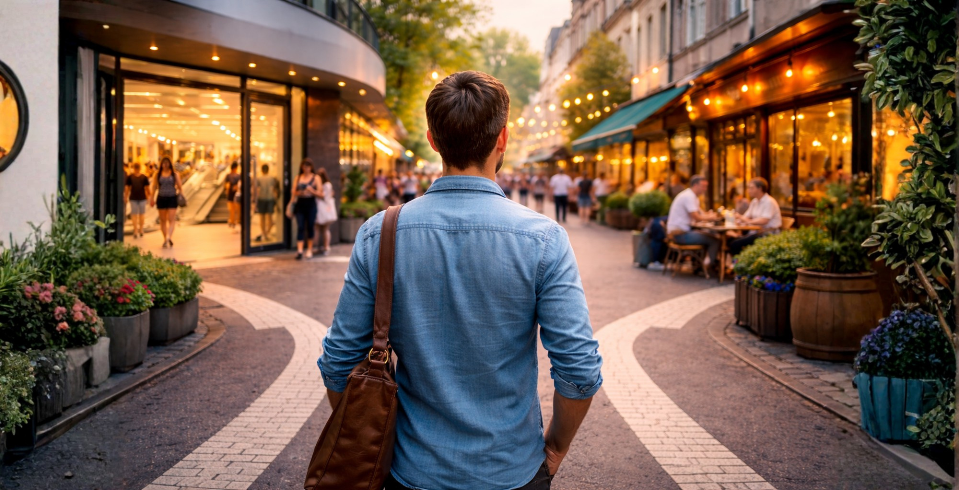 Person steht in einer belebten Innenstadt zwischen zwei Straßenzügen mit Geschäften und Gastronomie – Symbol für die Wahl zwischen unterschiedlichen Einkaufs- und Loyalty-Systemen.