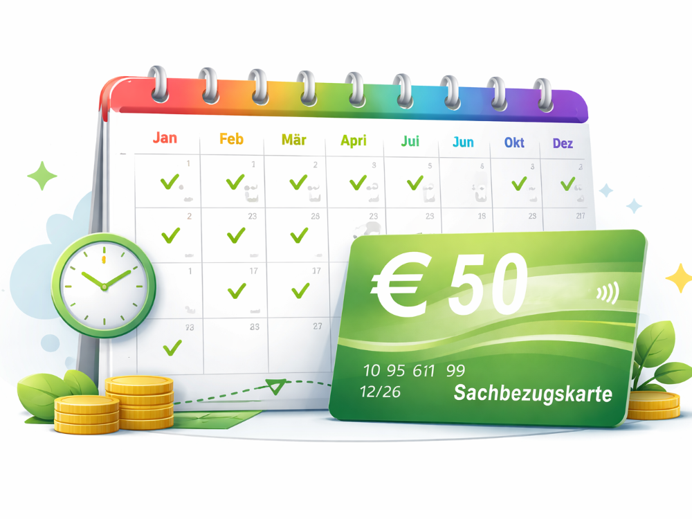 Illustration zur Ganzjahresnutzung von Sachbezügen: Sachbezugskarte neben Kalender mit monatlicher Aufladung und wachsendem Guthaben