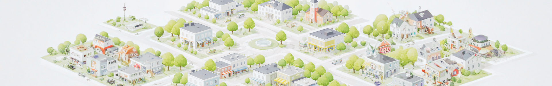 Breite isometrische Darstellung einer Stadt mit klar gegliederten Quartieren, Straßen und lokalen Betrieben als zusammenhängendes regionales System.