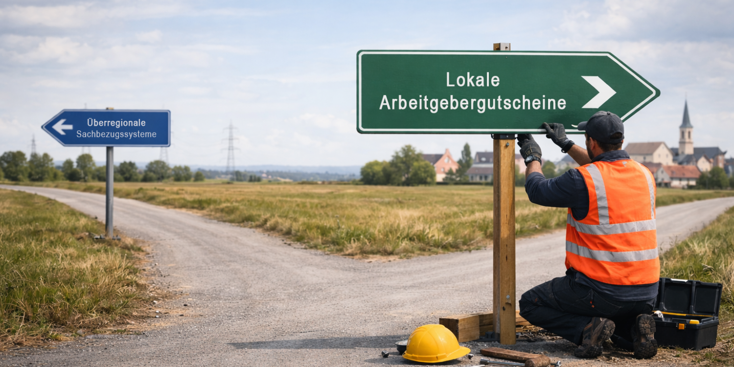 Abzweigung mit zwei Wegen: Ein bestehendes Schild für überregionale Sachbezugssysteme und ein neu aufgestelltes Schild für lokale Arbeitgebergutscheine