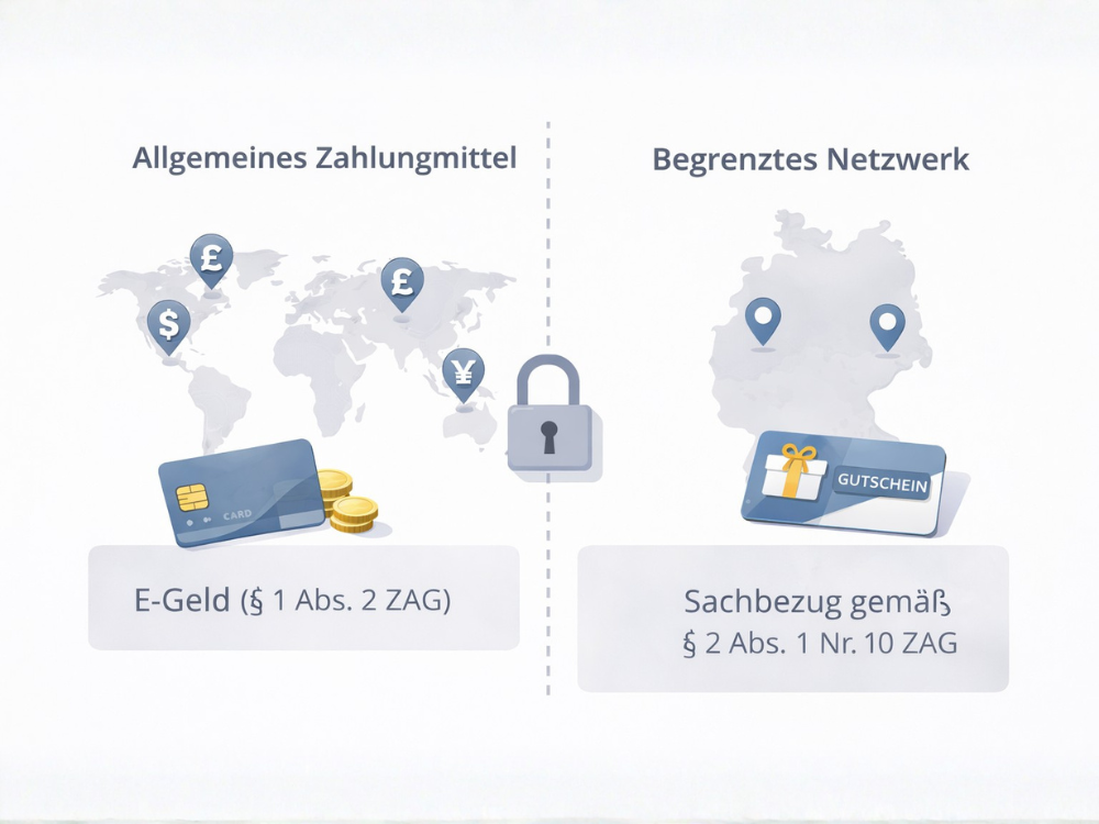 Vergleichsgrafik zwischen allgemeinem Zahlungsmittel und begrenztem Netzwerk: links E-Geld mit weltweiter Einsetzbarkeit nach § 1 Abs. 2 ZAG, rechts Sachbezugsgutschein mit regional begrenzter Nutzung nach § 2 Abs. 1 Nr. 10 ZAG.