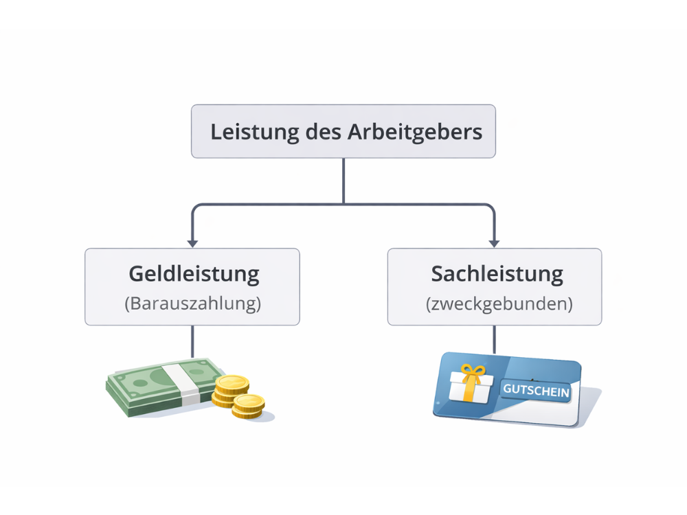 Schaubild zur Leistung des Arbeitgebers: Gegenüberstellung von Geldleistung (Barauszahlung) und Sachleistung (zweckgebundener Gutschein).