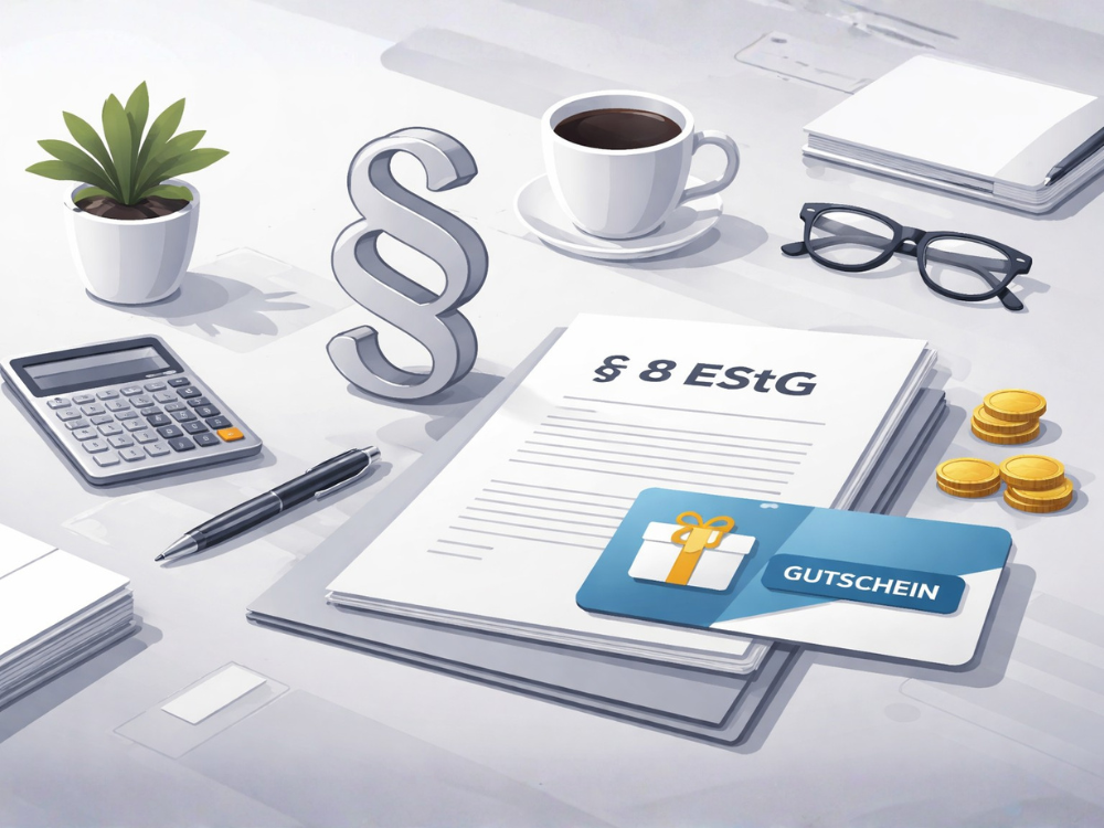 Illustration zum steuerfreien Sachbezug: Dokument mit § 8 EStG, Gutschein-Karte, Paragraphenzeichen, Taschenrechner, Münzen und Büroobjekte auf einem Schreibtisch.