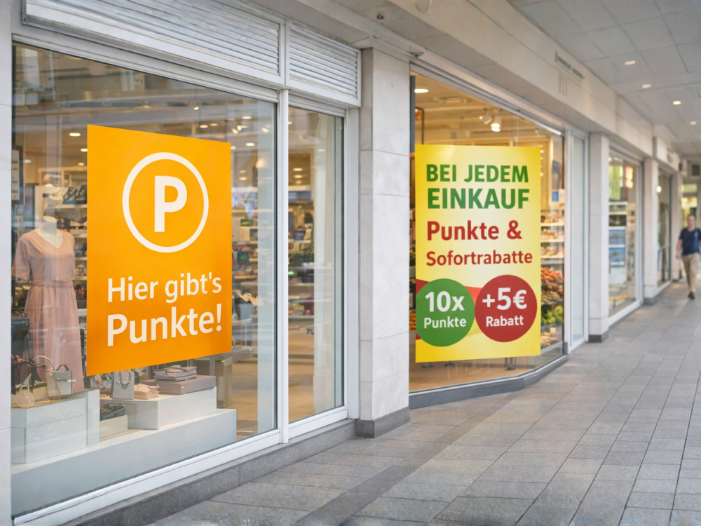 Zwei benachbarte Geschäfte in einer Einkaufspassage mit unterschiedlichen Schaufensterplakaten für Punkte und Rabatte, die jeweils eigene Loyalty-Angebote bewerben.