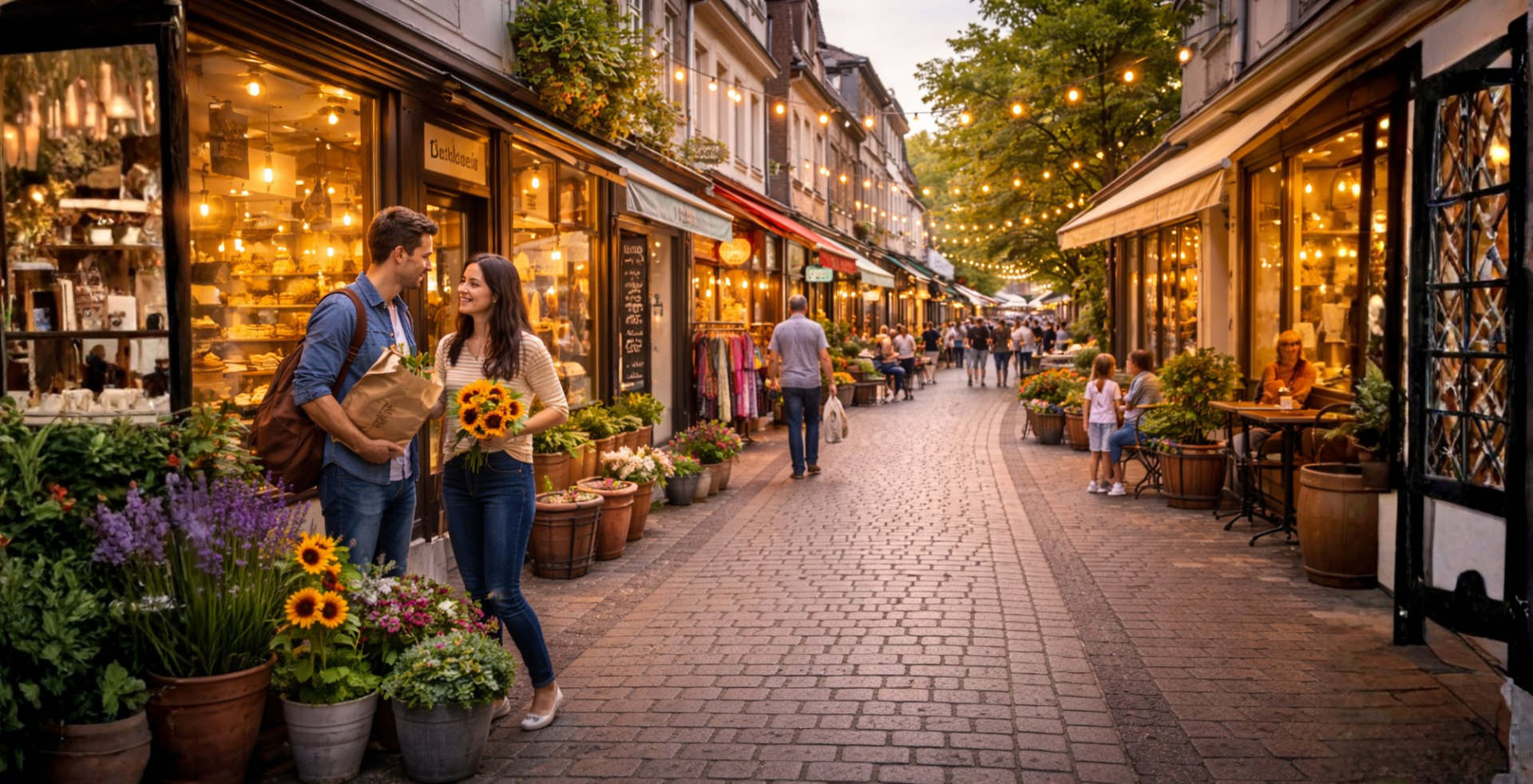 Belebter innerstädtischer Straßenzug mit unterschiedlichen Geschäften, Gastronomie und Passanten – vielfältige Akteure als Beispiel für ein vernetztes Innenstadt-Ökosystem.