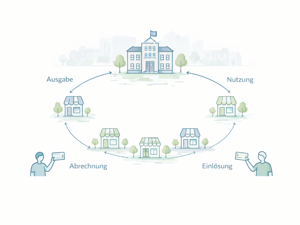 Isometrische Systemgrafik mit zentraler Trägerorganisation und angebundenen lokalen Betrieben, die den Ablauf eines regionalen Geschenkgutscheinsystems mit Ausgabe, Nutzung, Einlösung und Abrechnung zeigt.