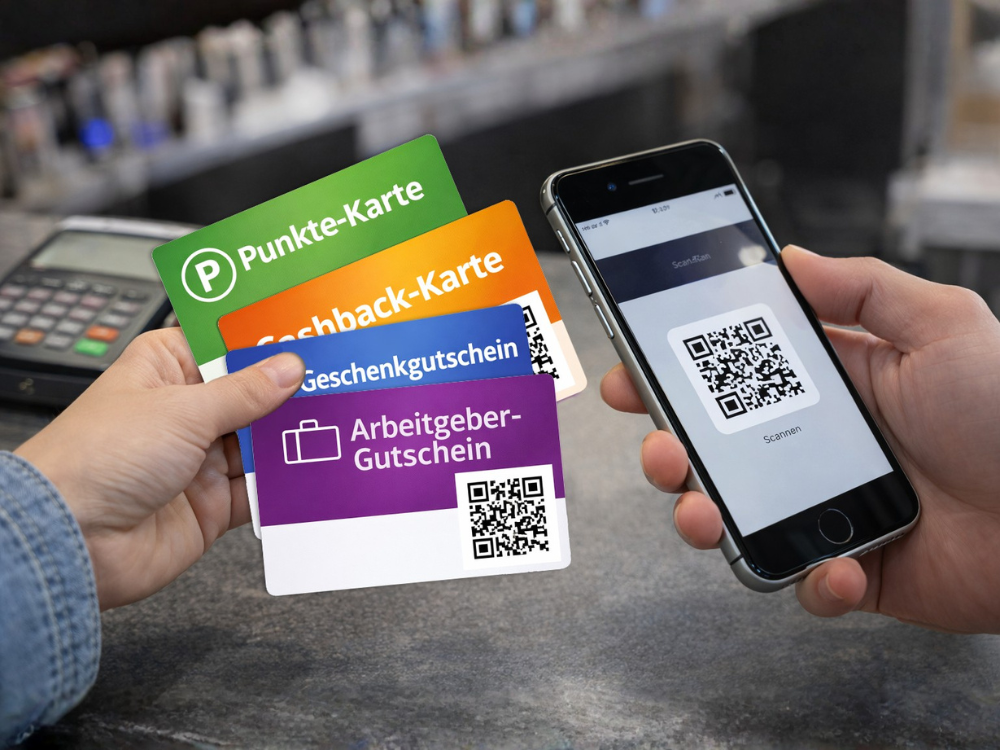 Vier unterschiedliche Karten für Geschenkgutschein, Arbeitgebergutschein, Cashback und Punkte werden von einem Händler mit demselben Smartphone per QR-Code gescannt.