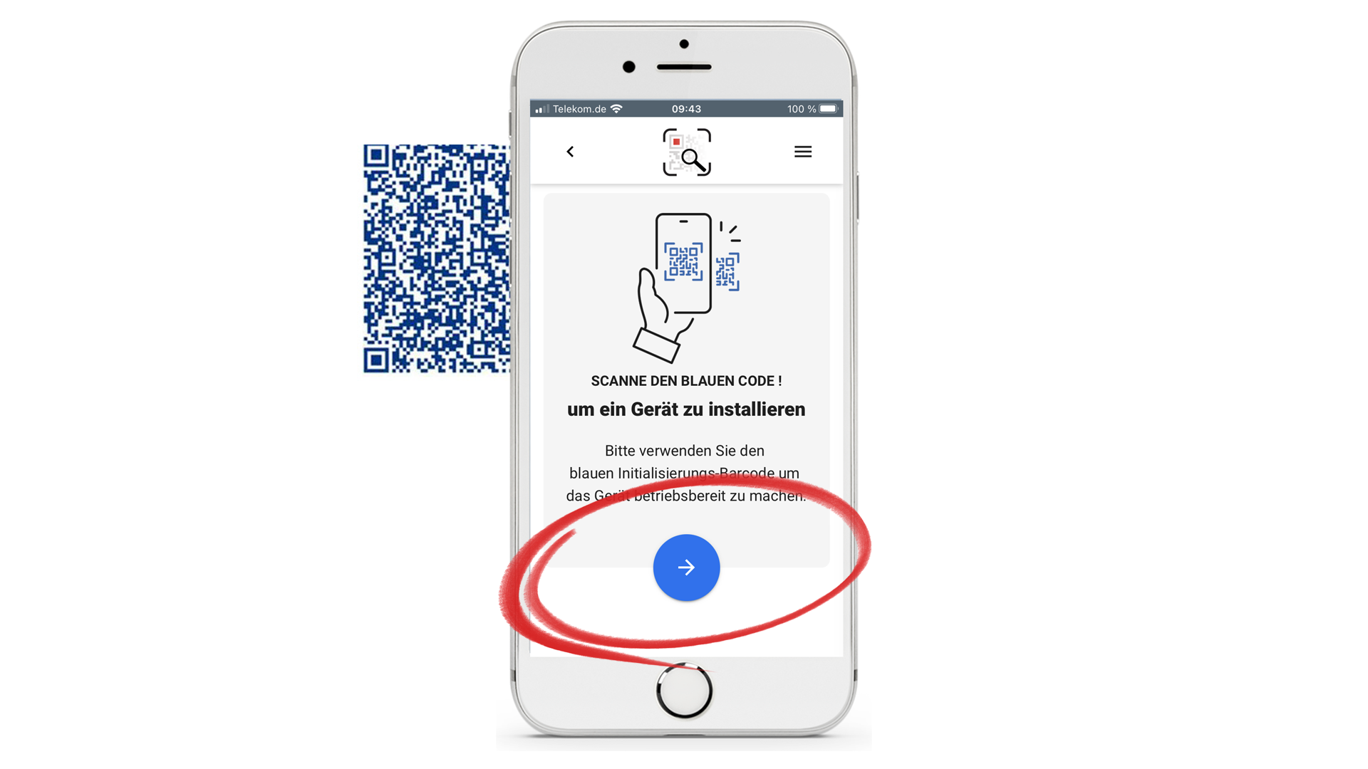 Initialisierung der Einlöse-App mit dem böauen QR-Code.