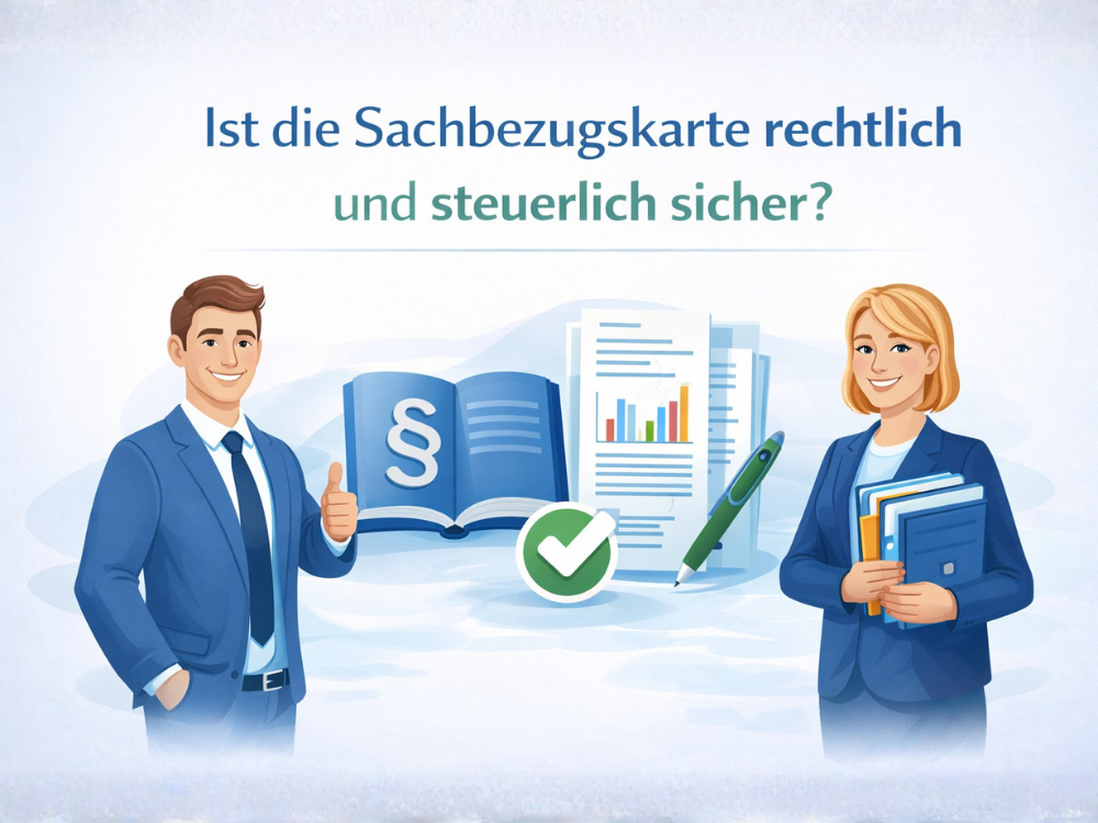 Illustrative Darstellung zur rechtlichen und steuerlichen Sicherheit einer Sachbezugskarte mit Gesetzesbuch, Prüfunterlagen und bestätigender Markierung als Symbol für rechtskonforme Ausgestaltung.
