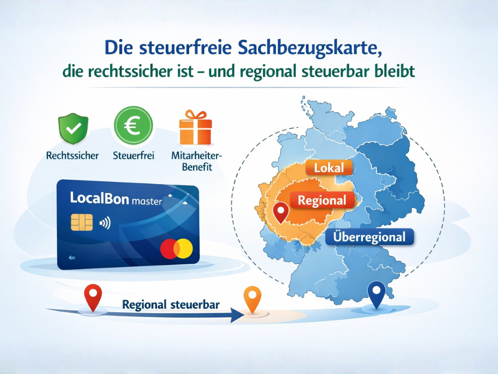 Schematische Darstellung einer steuerfreien Sachbezugskarte mit rechtssicherer Ausgestaltung und regional steuerbarer Einlösung über lokale, regionale und überregionale PLZ-Gebiete in Deutschland.