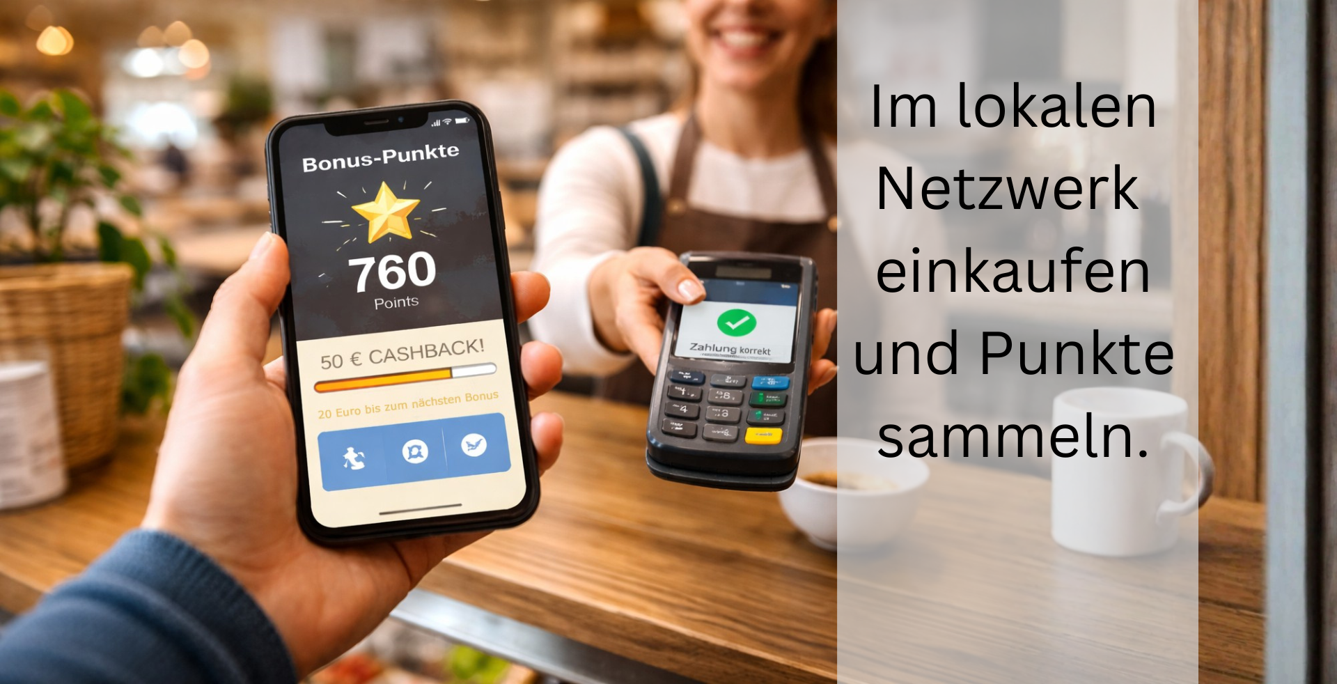 Kunde bezahlt im lokalen Geschäft mit dem Smartphone und sammelt dabei Bonuspunkte in einem digitalen Loyalty-Programm.