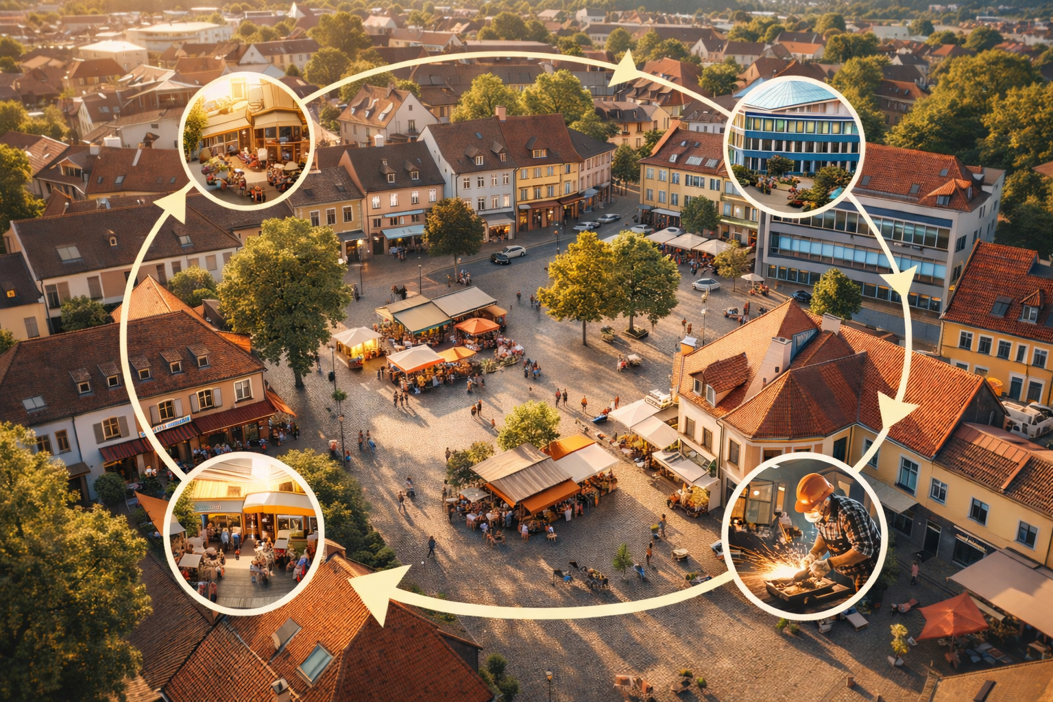 Luftaufnahme einer lebendigen Kleinstadt mit Marktplatz, Geschäften und Cafés, ergänzt durch grafische Kreispfeile und Szenen aus Handwerk, Gastronomie und Unternehmen – Symbol für regionale Wirtschaftskreisläufe und wirtschaftliche Resilienz.