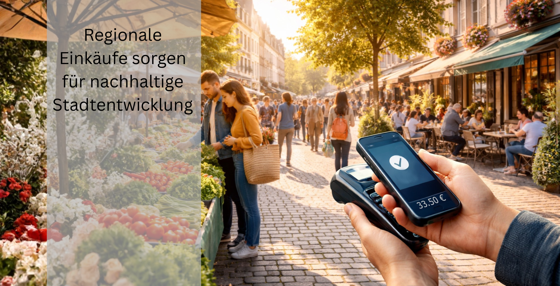 Belebter Wochenmarkt in einer europäischen Innenstadt: Menschen kaufen frisches Gemüse und Blumen, während im Vordergrund eine Person mit dem Smartphone kontaktlos bezahlt.