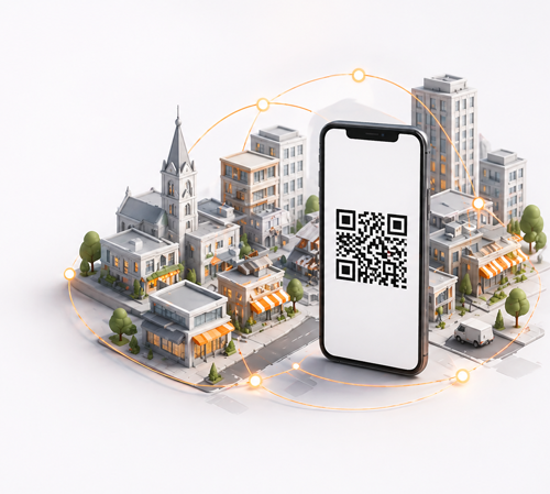 Illustration eines digitalen Stadtgutscheins: Smartphone mit QR-Code vor stilisierter Stadtlandschaft, vernetzt durch ein Gutscheinsystem für lokalen Handel und Arbeitgeber.