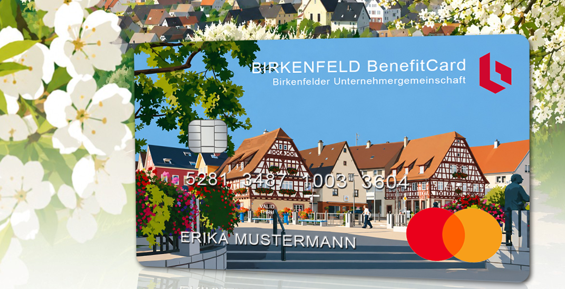 BIRKENFELD BenefitCard – Mastercard-Sachbezugskarte der Birkenfelder Unternehmergemeinschaft mit Illustration des historischen Birkenfelder Marktplatzes