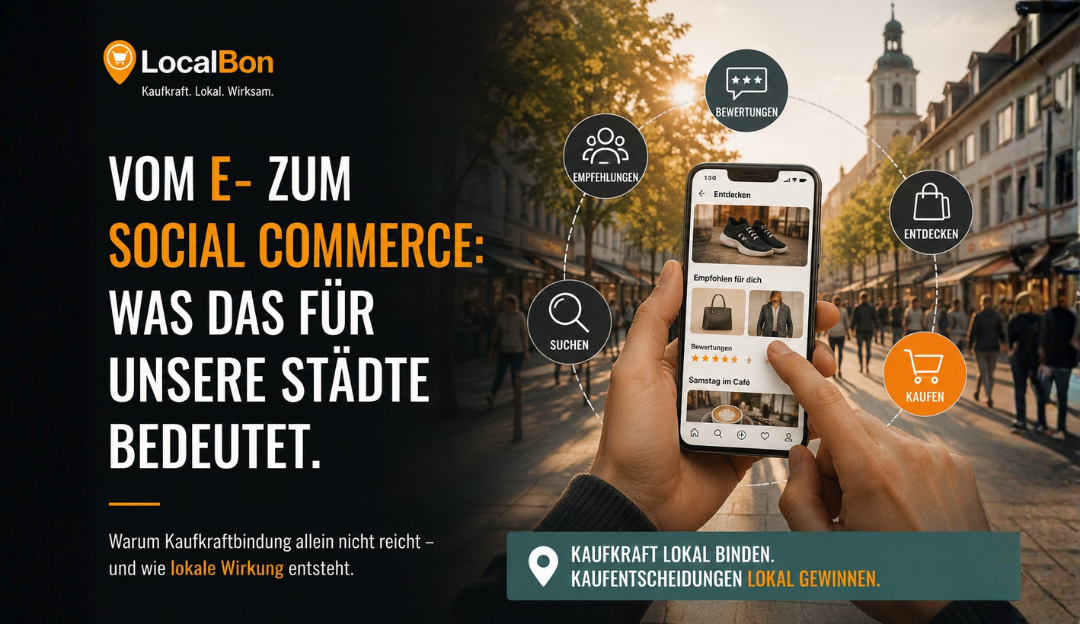 Vom E-Commerce zum Social Commerce: Digitale Kaufentscheidung über Suche, Empfehlungen und Bewertungen trifft auf lokale Kaufkraftbindung in der Innenstadt.