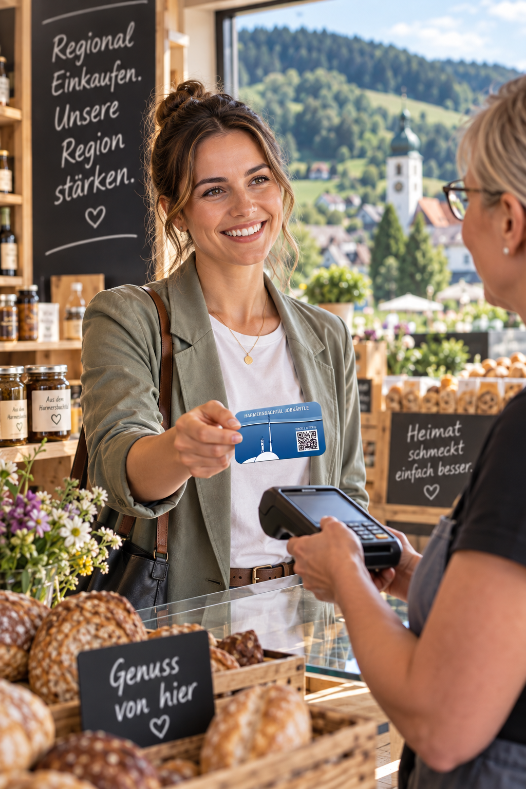 Mitarbeiterin bezahlt mit dem Harmersbachtal Jobkärtle in einem regionalen Geschäft im Harmersbachtal.