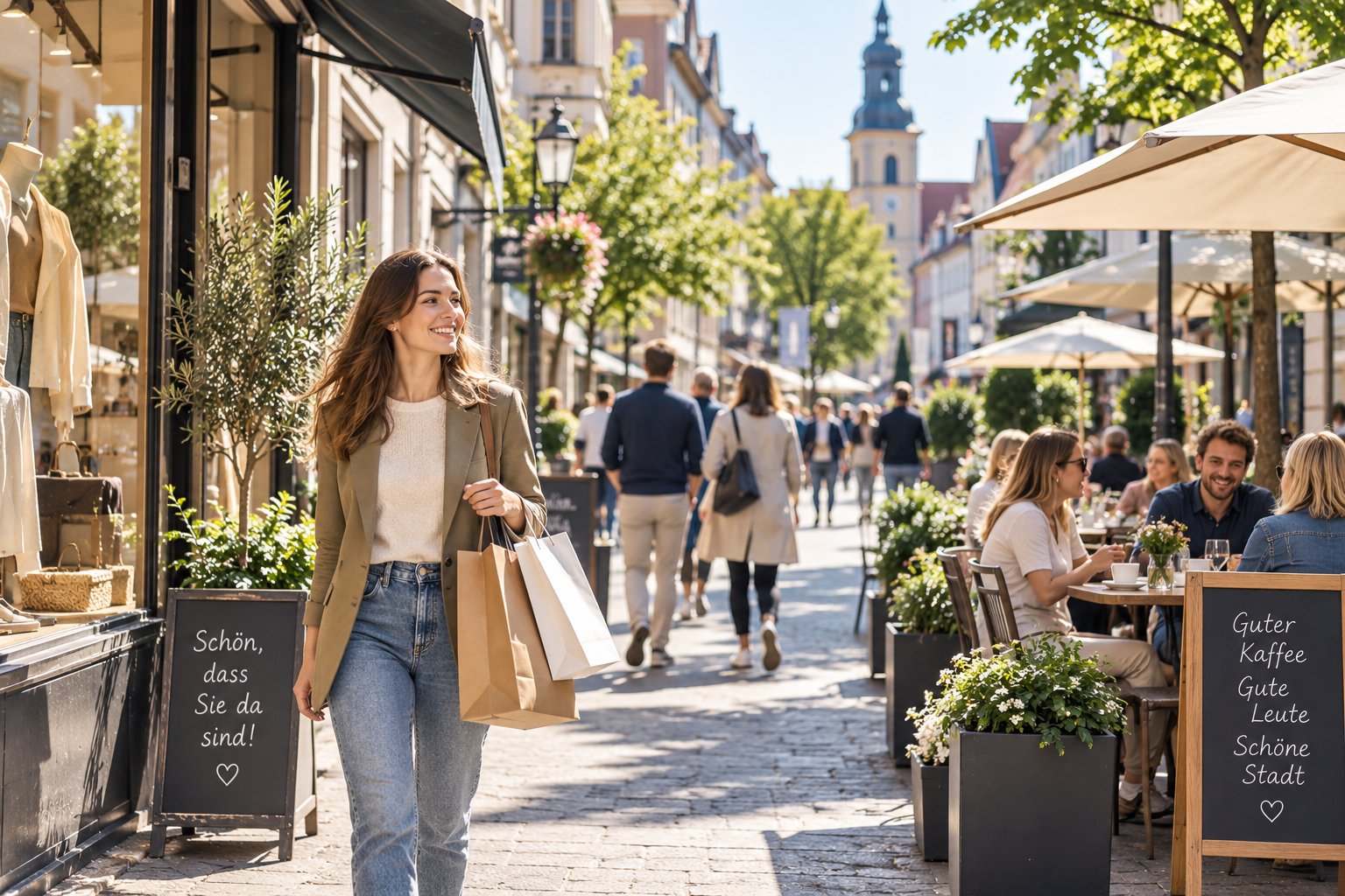 Lebendige Innenstadt mit lokalen Geschäften, Außengastronomie und Menschen beim Einkaufen und Verweilen.